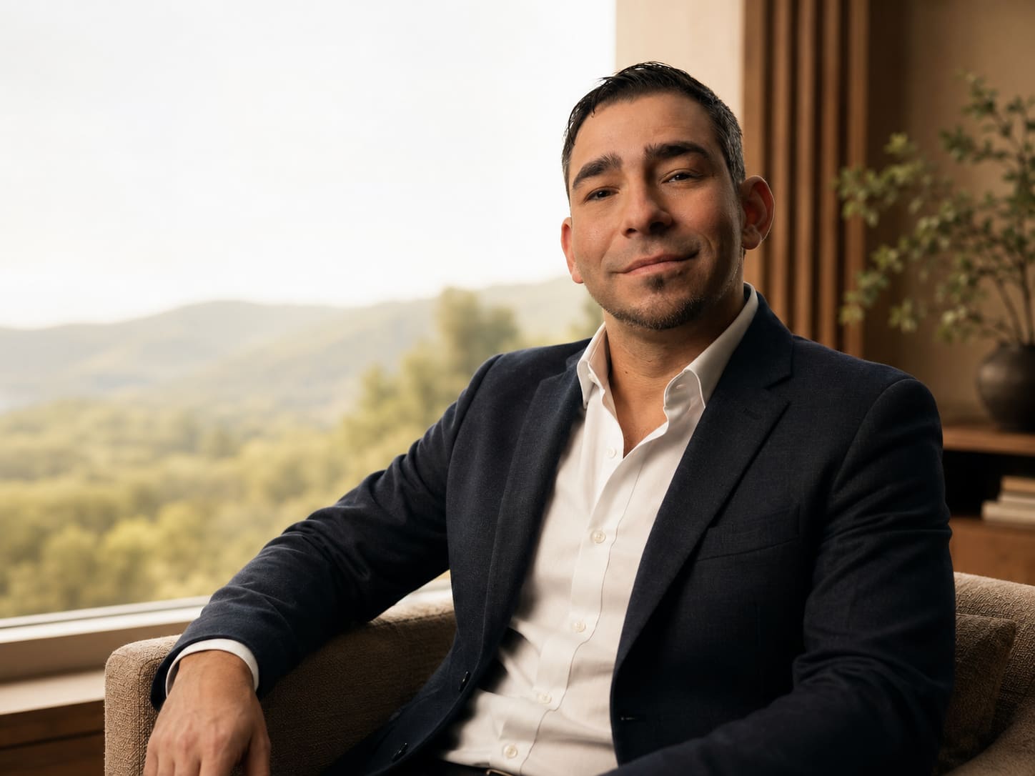 Gregory Castellanos seated in a chair with a Northern California landscape beyond the window.